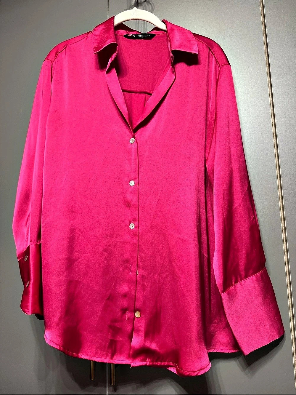 Zara Hot Pink Satin Button-Down Shirt Pink Medium